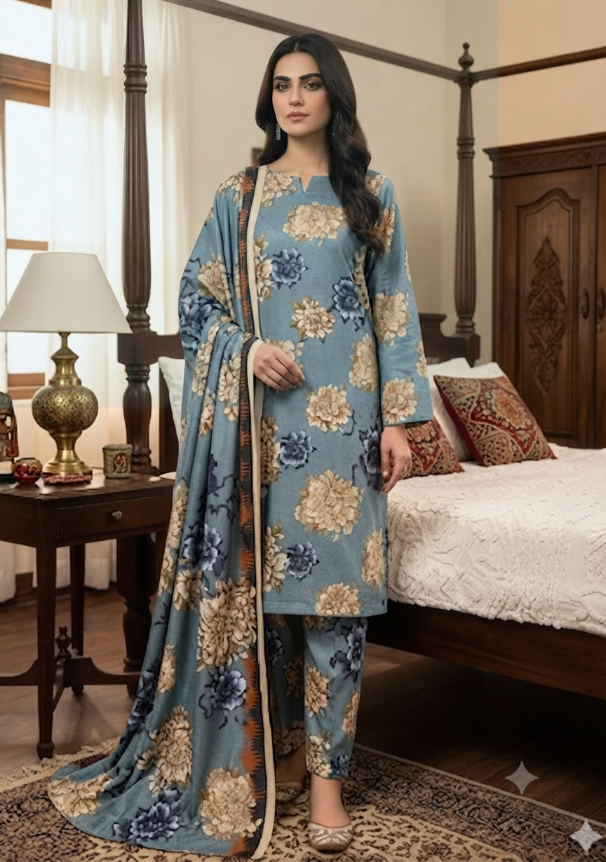 Fabron Printed 3 PCs Unstitched Suit For Women – Printed Shirt Trouser & Dupatta