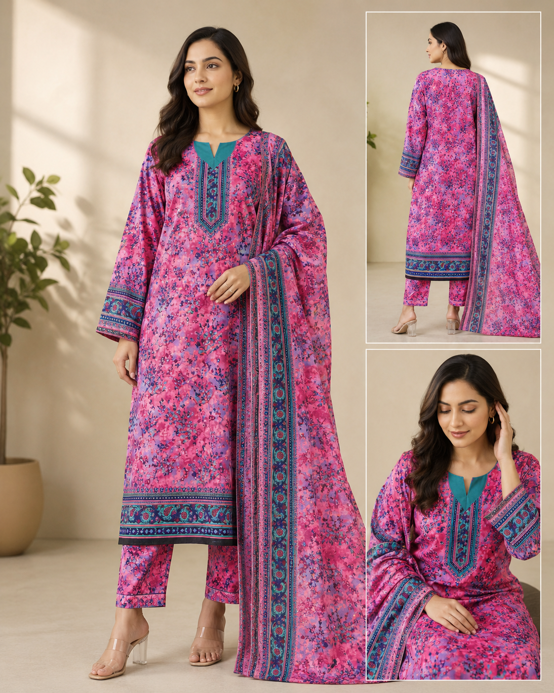Multicolor Lawn 3 piece suit unstitched sale for Girls and Women